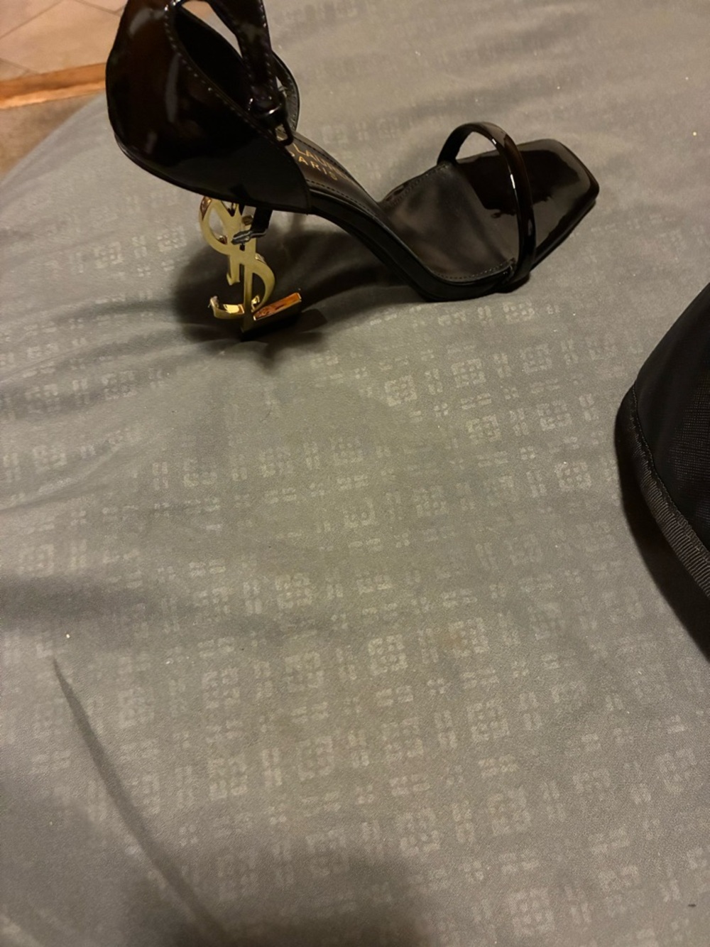 Black Patent Ankle-Strap Heels with Gold Logo heels YsL